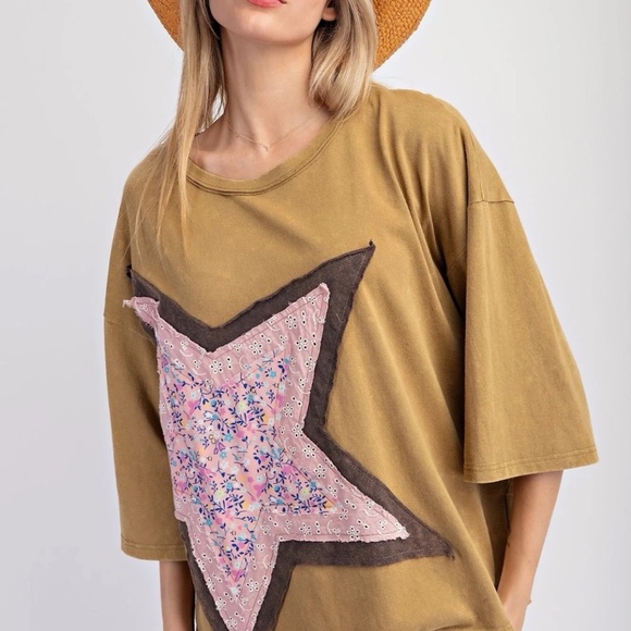 New Easel Star Top Women's Olive Patchwork Boho Shirt Top Pullover Plus Size - Picture 9 of 12